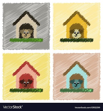 Assembly flat shading style icons dog in booth vector image