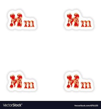 Assembly stickers fiery font red letter M on white vector image