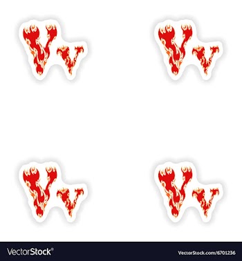 Assembly stickers fiery font red letter V on white vector image