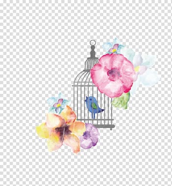 Assorted-color flowers illustration, Birdcage Watercolor painting, Birds and flowers transparent background PNG clipart
