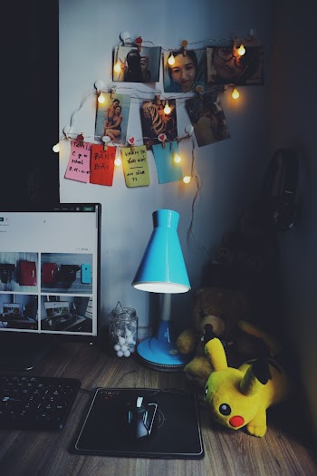 Assorted-color Items on Brown desk