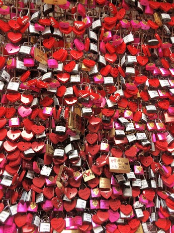 Assorted-color-shaped Padlocks Hanging on Grey Metal