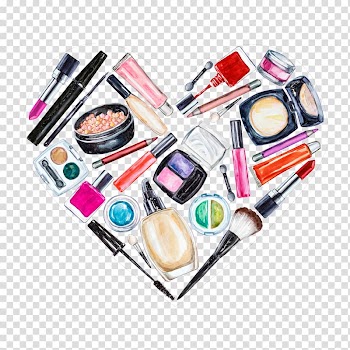 Assorted cosmetic products forming hear illustration, Eye shadow Cosmetics Foundation Lip gloss Watercolor painting, Creative Makeup Tools transparent background PNG clipart
