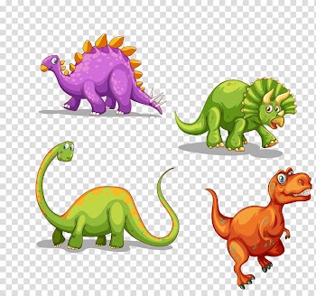 Assorted dinosaurs illustration, Tyrannosaurus Dinosaur Triceratops Cartoon, colored cartoon dinosaur transparent background PNG clipart