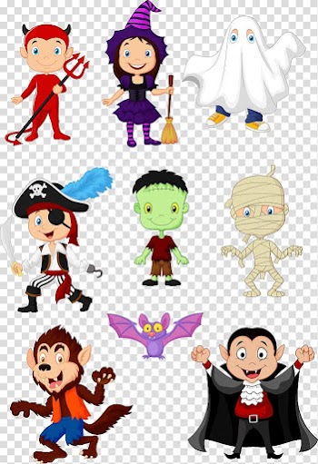 Assorted Halloween characters illustration, Halloween Cartoon Model sheet, Halloween cartoon animals transparent background PNG clipart