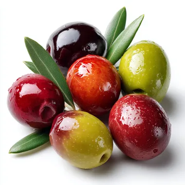 Assorted Olives with Leaves on White Background Assorted Olives with Leaves on White Background