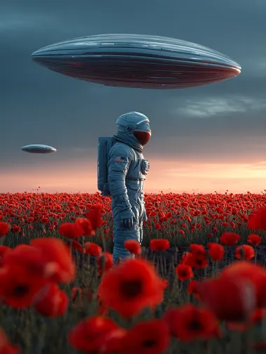 Astronaut Among Red Poppies Under Alien Craft