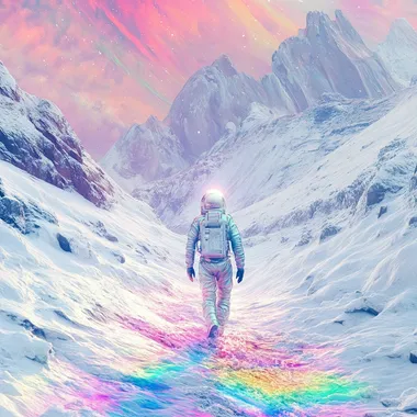 Astronaut explorer in a space suit walking on an alien snowy mountain