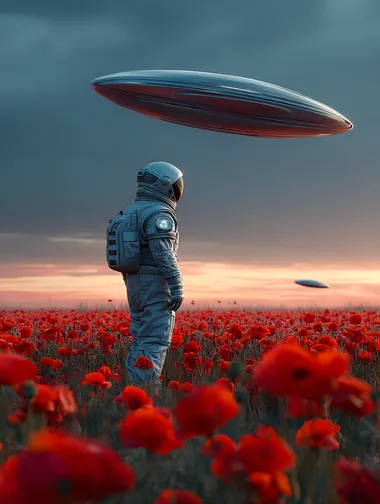 Astronaut in a Field of Poppies Under Alien Craft