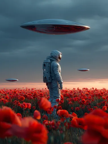 Astronaut in a Field of Poppies Under Alien Craft