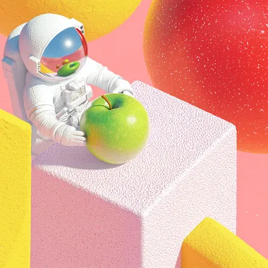 Astronaut in Space Sitting on a Block with an Apple in Zero Gravity