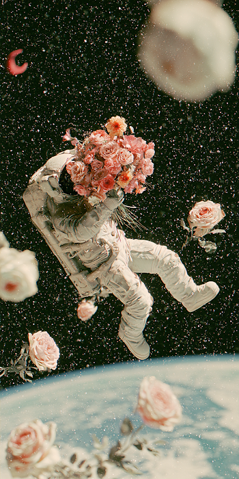 Astronaut in Space with Vibrant Floral Bouquet
