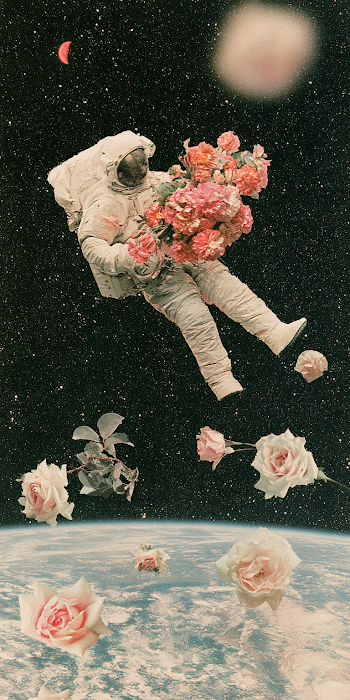 Astronaut in Space with Vibrant Flowers