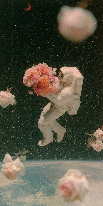 Astronaut in Space with Vibrant Flowers