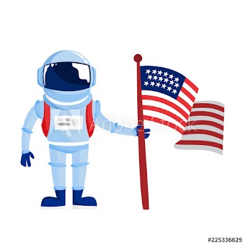 Astronaut in spacesuit standing with a flag