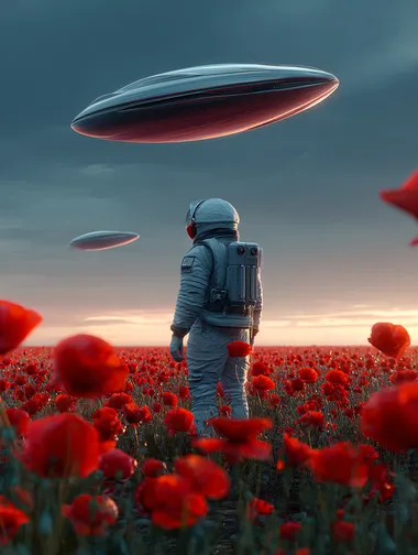 Astronaut Standing Amidst Red Poppies Under Alien Craft