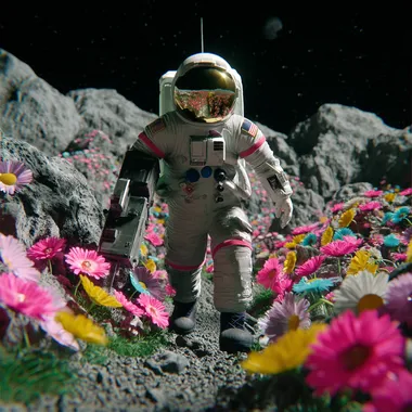 Astronaut Walking Through Colorful Moon Flowers Astronaut Walking Through Colorful Moon Flowers