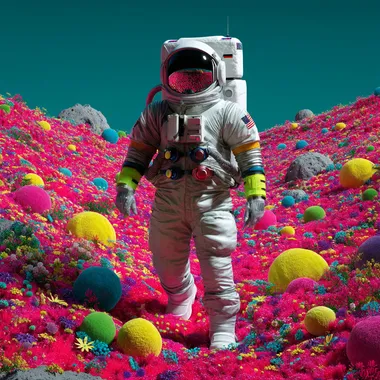 Astronaut Walking Through Colorful Moon Garden Astronaut Walking Through Colorful Moon Garden