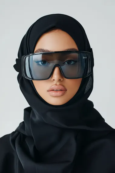 Attractive Muslim woman in headscarf and avant-garde Balmain glasses