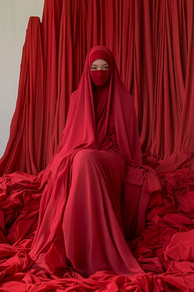 Attractive Muslim woman in red abaya sitting on bed of clothes, fashion photo Attractive Muslim woman in red abaya sitting on bed of clothes, fashion photo
