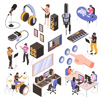 Audio studio isometric set with speakers in  radio room bloggers at work place and musicians recording song isolated Free Vector