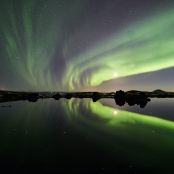 Aurora borealis on lake Myvatn, northern Iceland