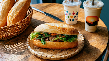 Authentic Vietnamese Baguette Sandwich in Rustic Café Setting
