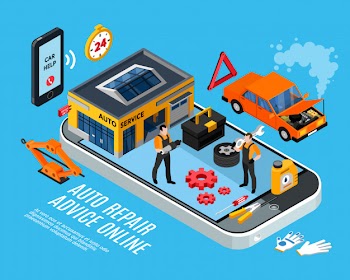 Auto repair online advice isometric concept with spare parts pieces vector illustration Free Vector
