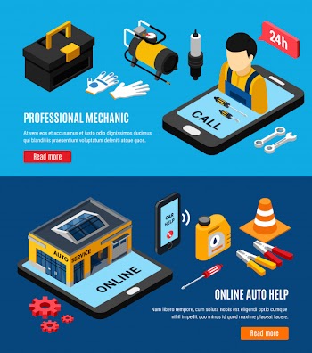 Auto service horizontal banners set with mechanic tools isometric isolated vector illustration Free Vector