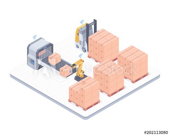 Automated packing system with robo arm, electric forklift and conveyor belt