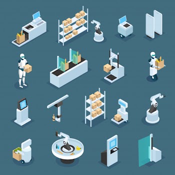 Automated shops with machinery and robots for various operations isometric Free Vector