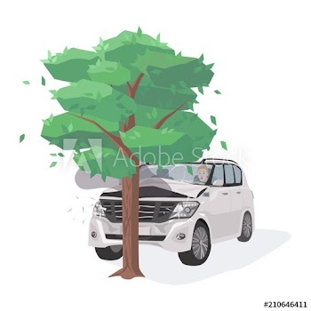 Automobile damaged by colliding with tree