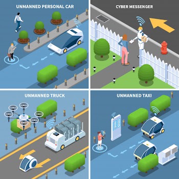 Autonomous vehicles and robots isometric card set Free Vector