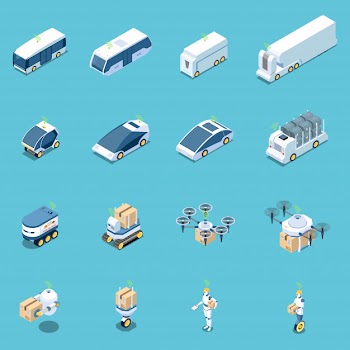 Autonomous vehicles and robots isometric set Free Vector