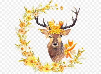 Autumn leaf color Free fall Watercolor painting Printing - Yellow deer 