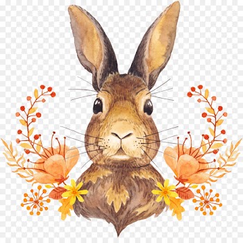 Autumn leaf color Watercolor painting Illustration - Cute little bunny in the flowers 