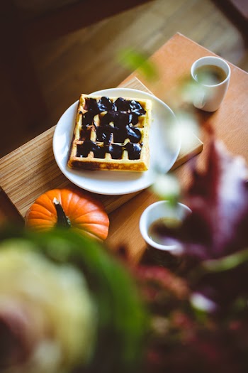 Autumn relax with waffle and coffee 