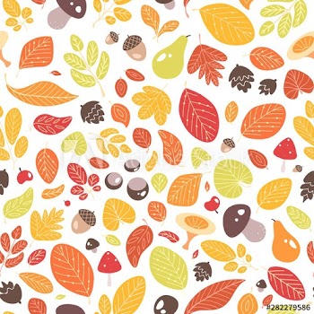 Autumn seamless pattern with fallen leaves or dried foliage, acorns, fruits, nuts and mushrooms on white background