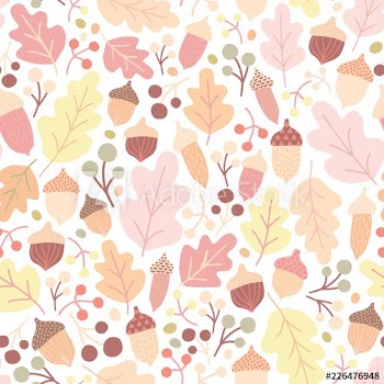 Autumn seamless pattern with fallen oak leaves, acorns, berries on white background