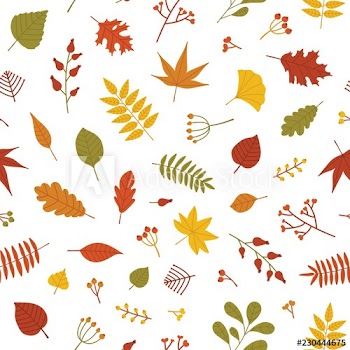 Autumn seamless pattern with fallen tree leaves and sprigs with berries on white background