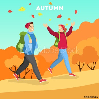 Autumn season, people in warm clothes walking