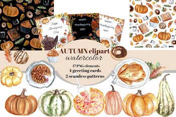 Autumn watercolor clipart set. Thanksgiving day cards.