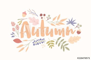 Autumn word handwritten with elegant cursive font decorated with fallen tree leaves, dried flowers, acorns, berries