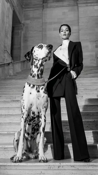 Avant-Garde Fashion Model with Majestic Dalmatian Avant-Garde Fashion Model with Majestic Dalmatian