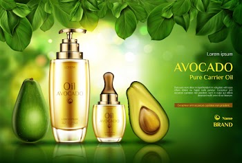 Avocado cosmetics oil. organic product bottles with pomp and dropper on green with tree leaves. Free Vector