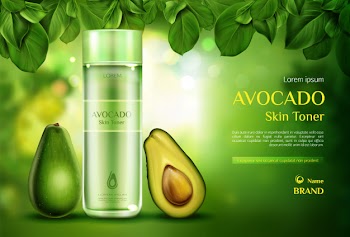 Avocado cosmetics skin toner. organic beauty product bottle on green blurred with tree leaves. Free Vector