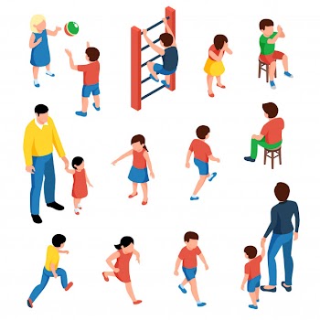 Baby and kids isometric icons set with preschool children playing on playground  isolated Free Vector