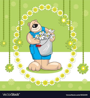 Baby bear card and flowers on a green background vector image