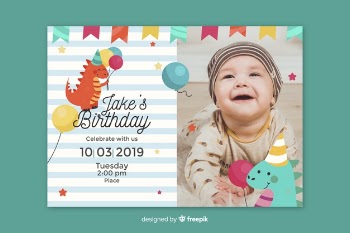 Baby boy birthday invitation with photo Free Vector