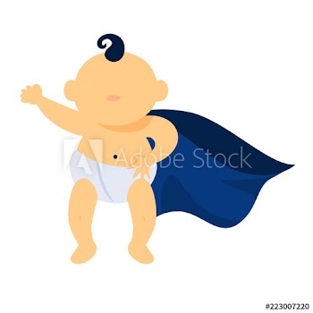 Baby boy in blue cloak in superhero pose